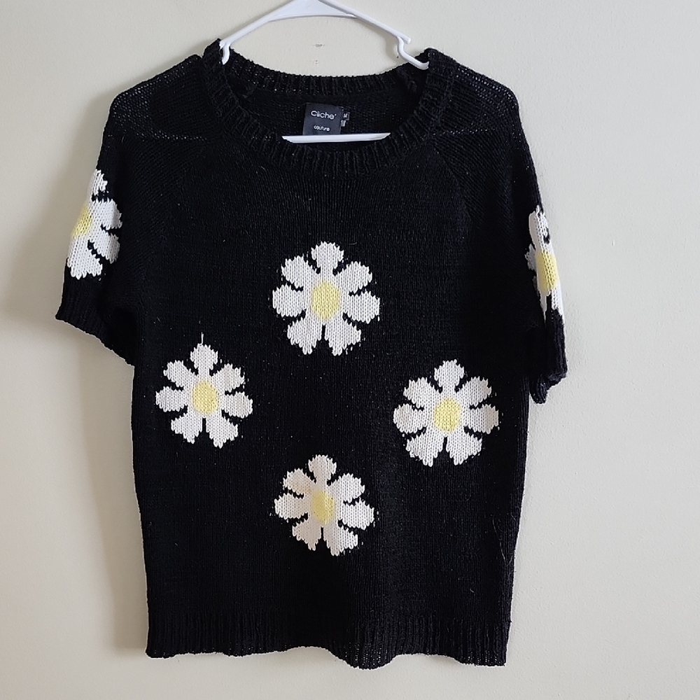 Cliche Vintage Vibe Daisy Design Short Sleeve Sweater Cotton, Mod, Flower Power